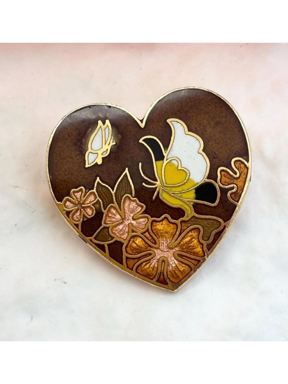 Butterfly & Floral Enameled Gold T Vintage Costume Jewelry Brooch | Lapel Pin